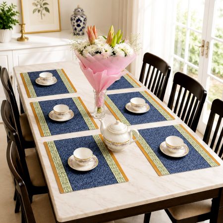 Blue Geometric Handmade Canvas Fabric Table Mats Set
